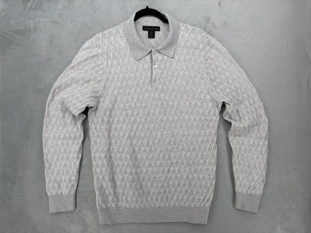 Christian Lacroix Men's L Long Sleeve Knit Polo Sweater Grey Textured Pattern